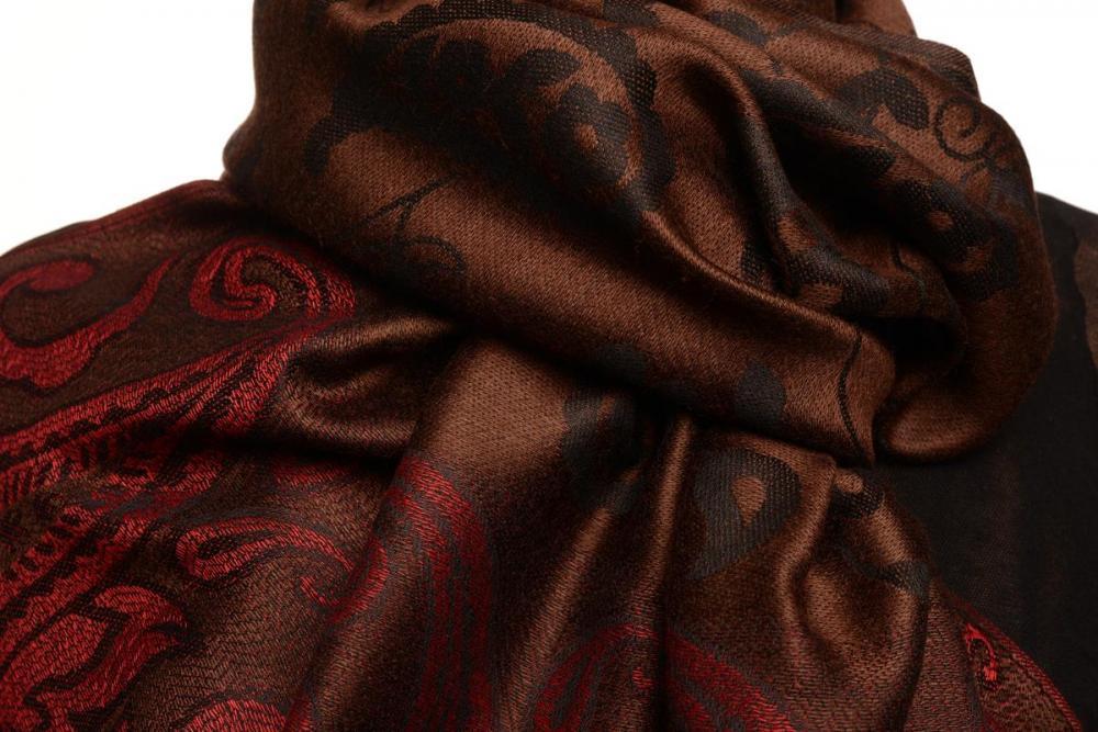 Liss Kiss Small Flowers & Paisleys On Dark Brown Pashmina With Tassels - Scarf