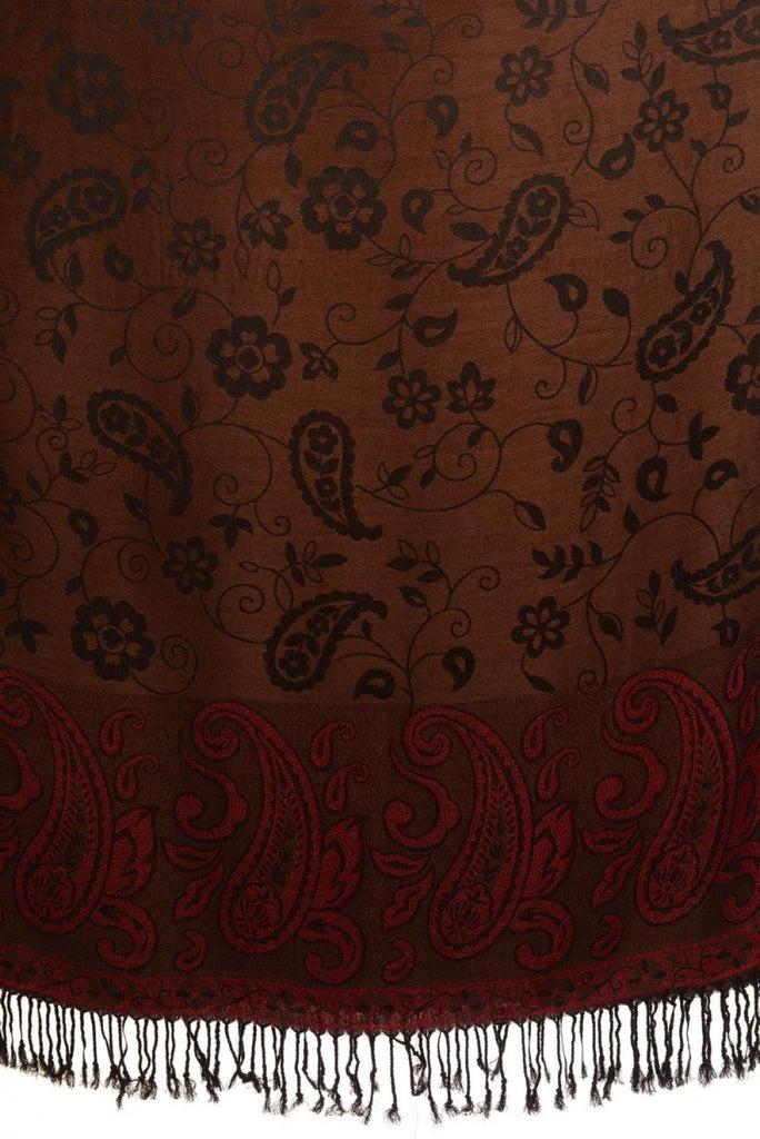Liss Kiss Small Flowers & Paisleys On Dark Brown Pashmina With Tassels - Scarf