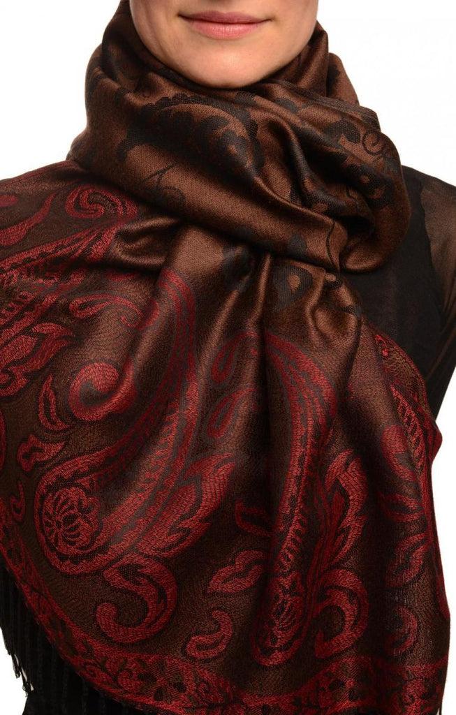 liss kiss Small Flowers & Paisleys On Dark Brown Pashmina With Tassels - Scarf