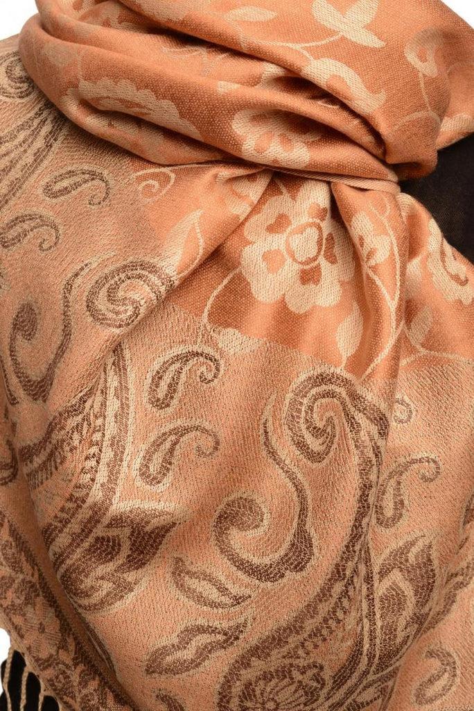 Liss Kiss Small Flowers & Paisleys On Mocha Pashmina With Tassels - Scarf