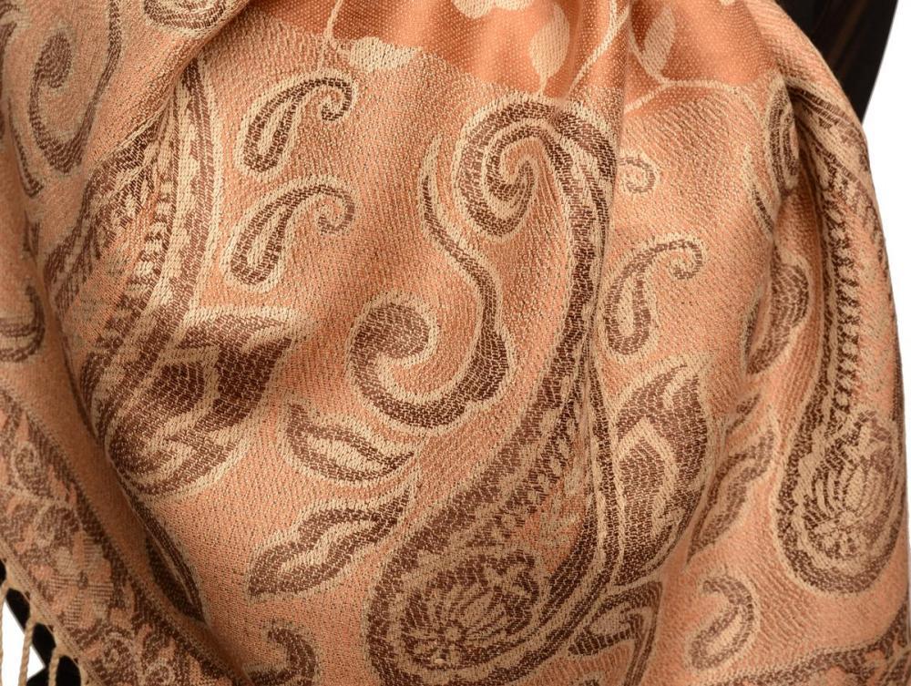 Liss Kiss Small Flowers & Paisleys On Mocha Pashmina With Tassels - Scarf