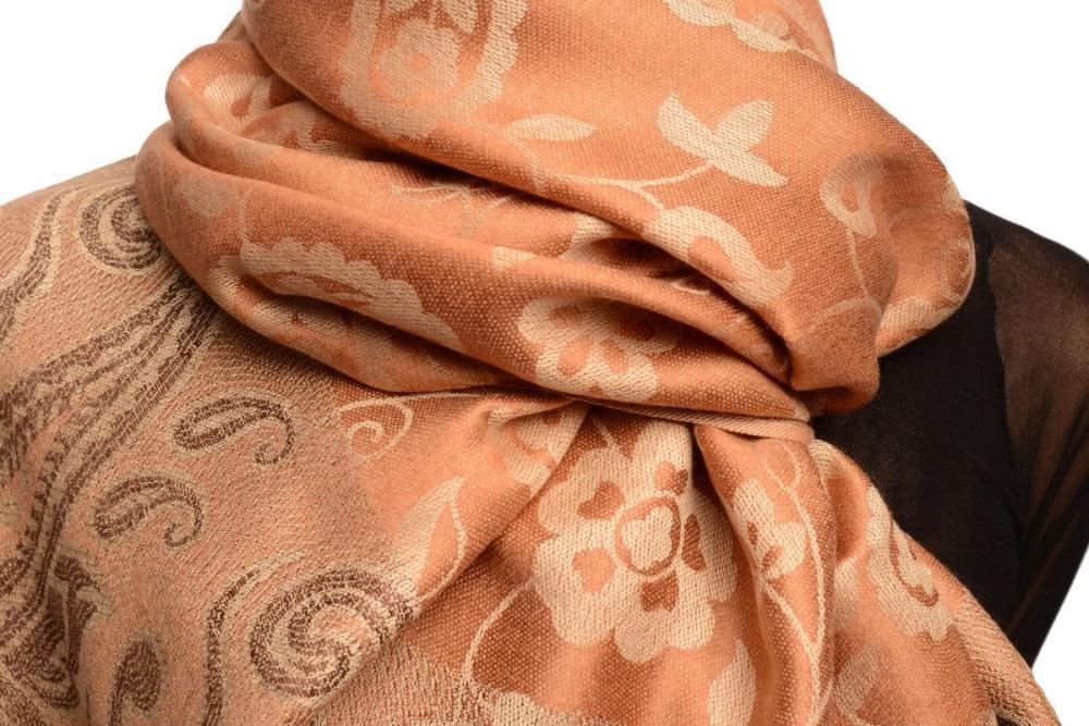Liss Kiss Small Flowers & Paisleys On Mocha Pashmina With Tassels - Scarf