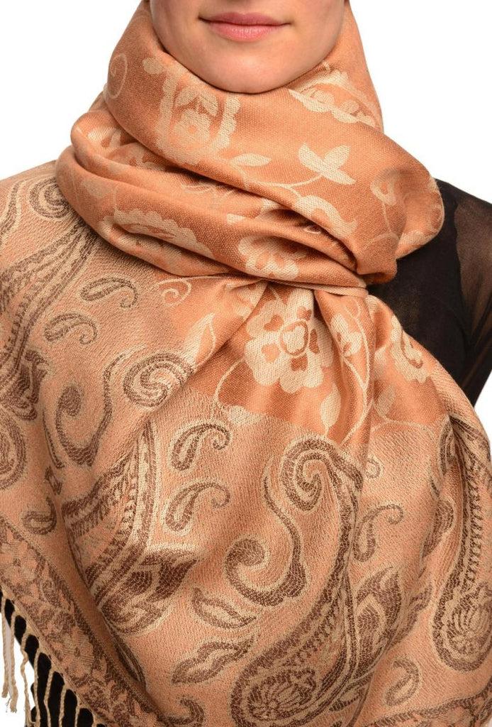 liss kiss Small Flowers & Paisleys On Mocha Pashmina With Tassels - Scarf