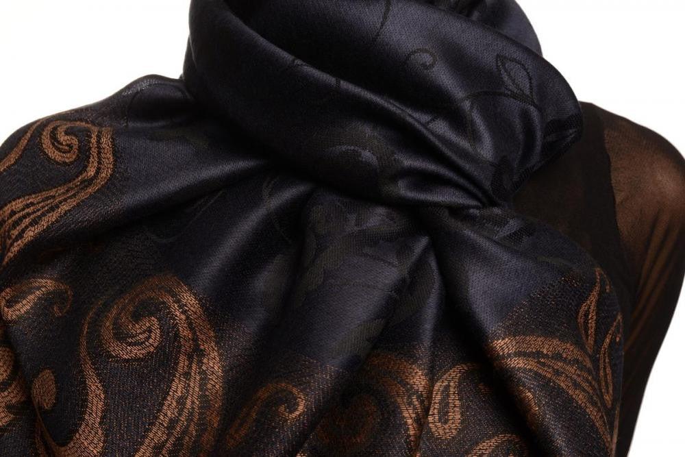 Liss Kiss Small Flowers & Paisleys On Navy Blue Pashmina With Tassels - Scarf