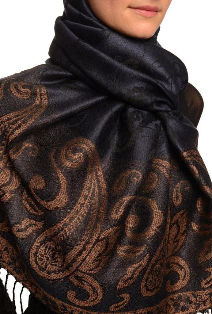 Liss Kiss Small Flowers & Paisleys On Navy Blue Pashmina With Tassels - Scarf
