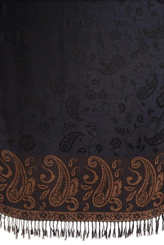 Liss Kiss Small Flowers & Paisleys On Navy Blue Pashmina With Tassels - Scarf
