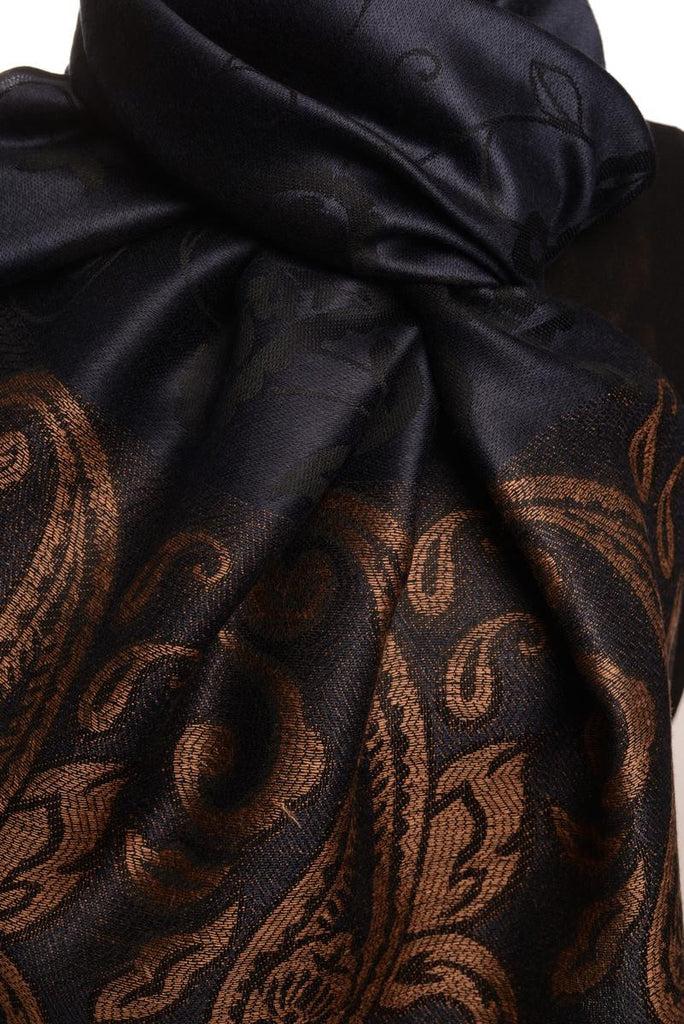 Liss Kiss Small Flowers & Paisleys On Navy Blue Pashmina With Tassels - Scarf