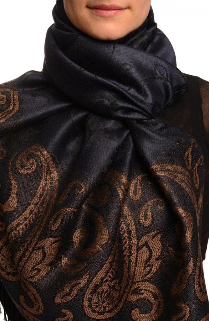 liss kiss Small Flowers & Paisleys On Navy Blue Pashmina With Tassels - Scarf