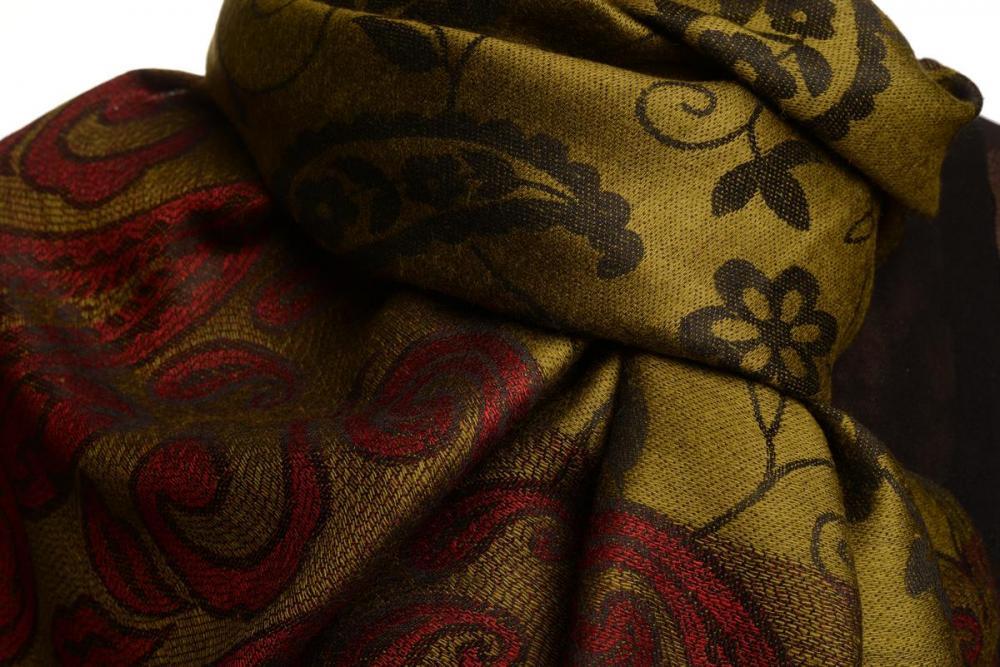 Liss Kiss Small Flowers & Paisleys On Olive Green Pashmina With Tassels - Scarf
