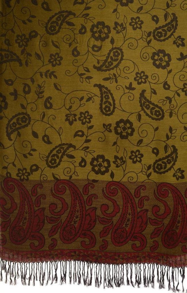 Liss Kiss Small Flowers & Paisleys On Olive Green Pashmina With Tassels - Scarf