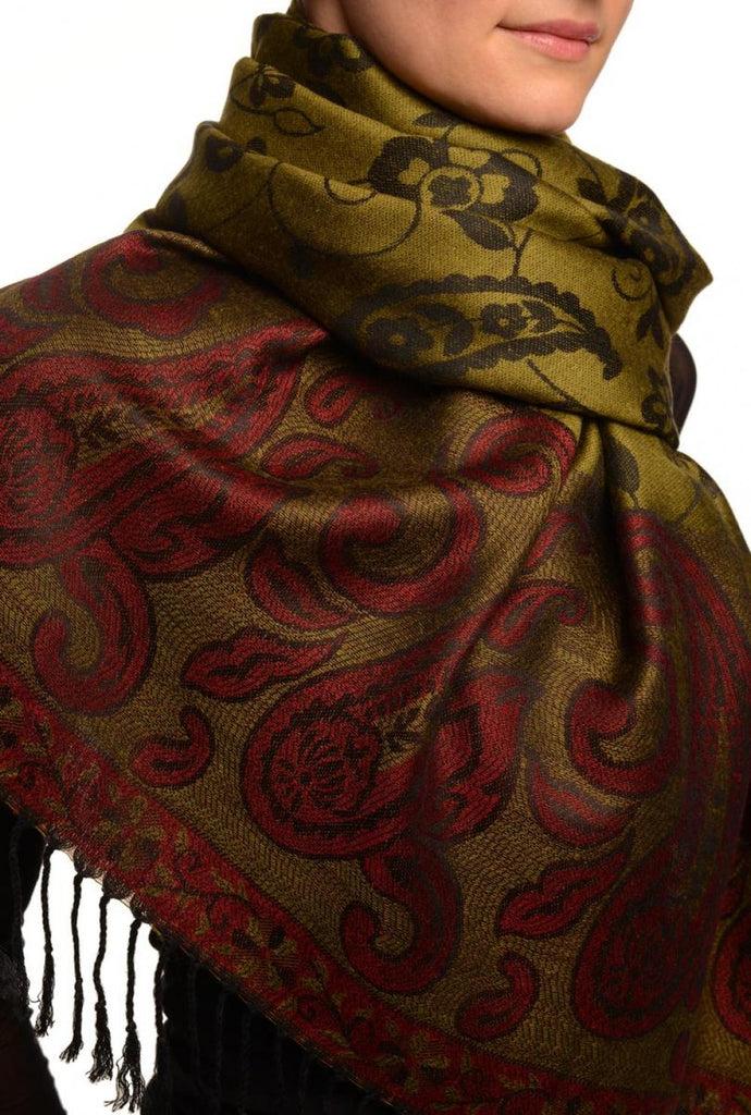Liss Kiss Small Flowers & Paisleys On Olive Green Pashmina With Tassels - Scarf
