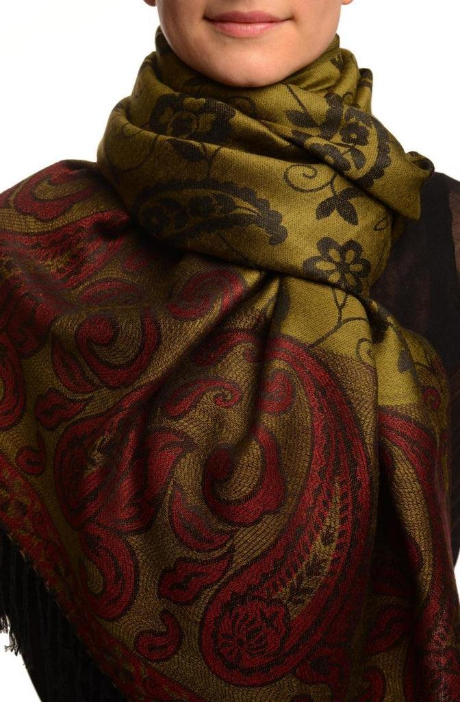 liss kiss Small Flowers & Paisleys On Olive Green Pashmina With Tassels - Scarf