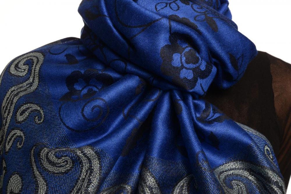 Liss Kiss Small Flowers & Paisleys On Persian Blue Pashmina With Tassels - Scarf