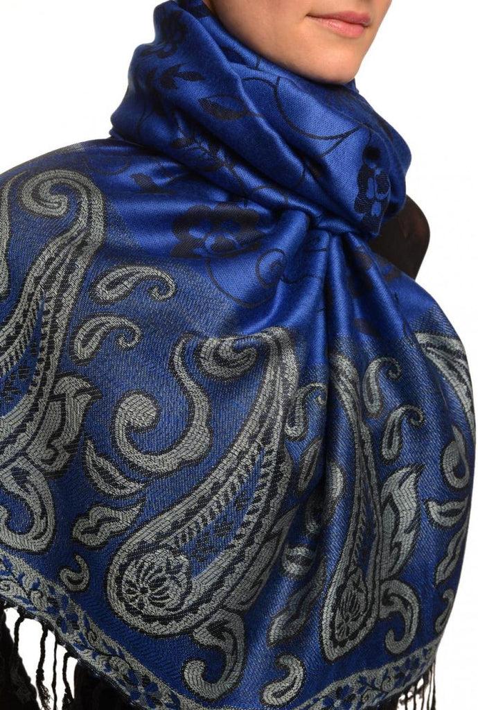 Liss Kiss Small Flowers & Paisleys On Persian Blue Pashmina With Tassels - Scarf