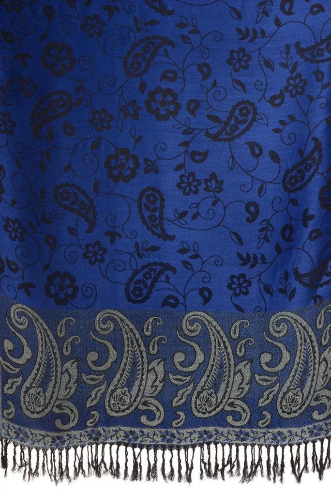 Liss Kiss Small Flowers & Paisleys On Persian Blue Pashmina With Tassels - Scarf