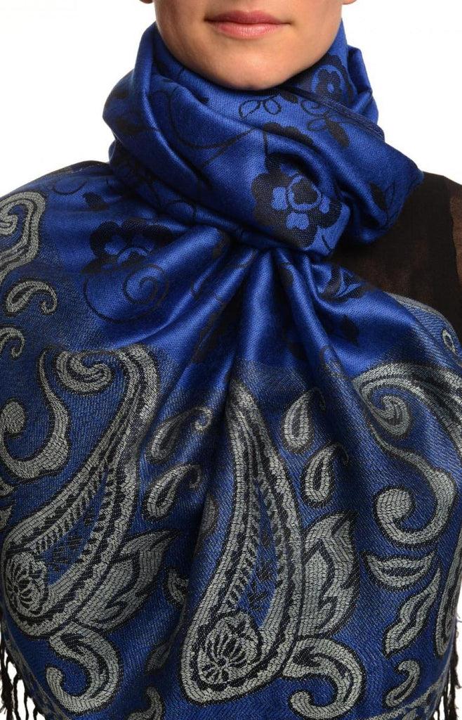 liss kiss Small Flowers & Paisleys On Persian Blue Pashmina With Tassels - Scarf