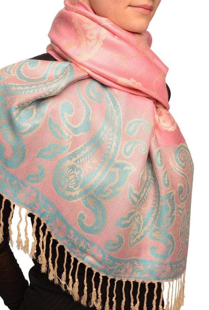 Liss Kiss Small Flowers & Paisleys On Pink Pashmina With Tassels - Scarf