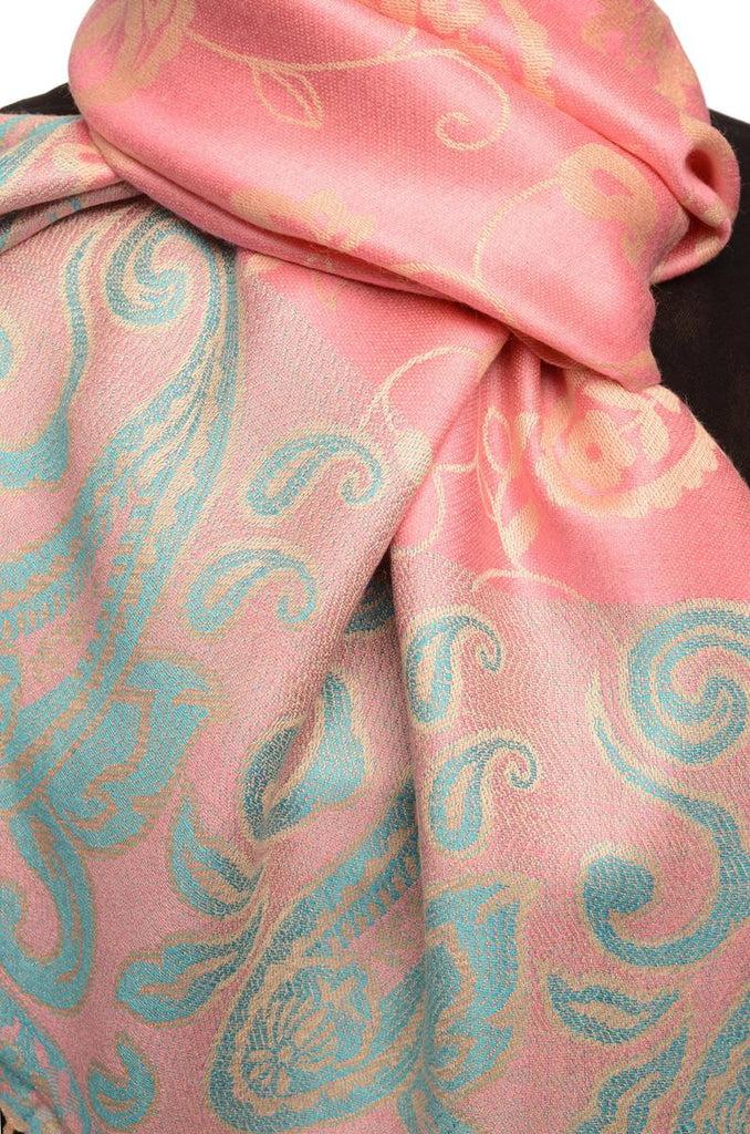 Liss Kiss Small Flowers & Paisleys On Pink Pashmina With Tassels - Scarf