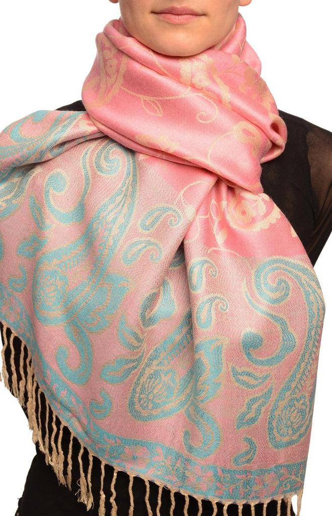 liss kiss Small Flowers & Paisleys On Pink Pashmina With Tassels - Scarf