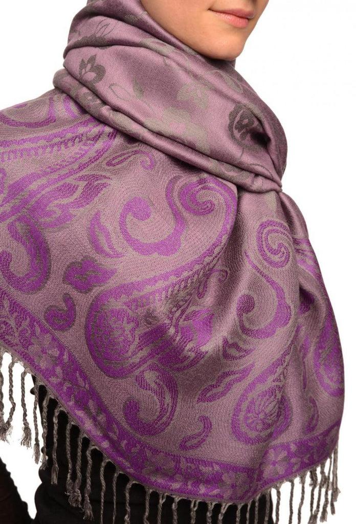Liss Kiss Small Flowers & Paisleys On Purple Pashmina With Tassels - Scarf