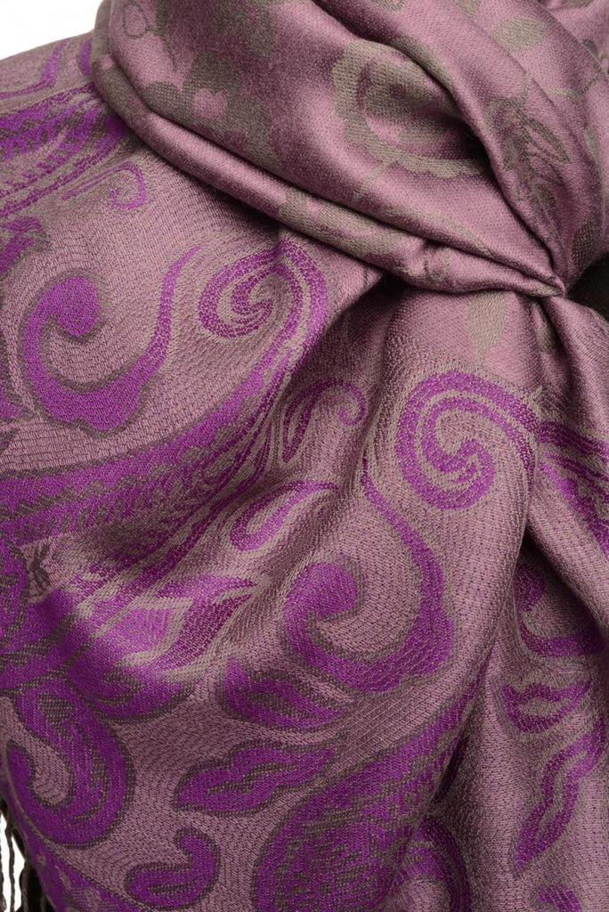 Liss Kiss Small Flowers & Paisleys On Purple Pashmina With Tassels - Scarf