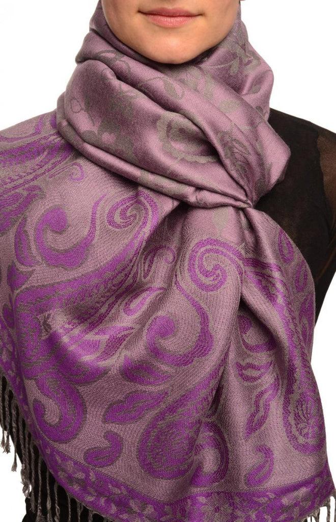 liss kiss Small Flowers & Paisleys On Purple Pashmina With Tassels - Scarf