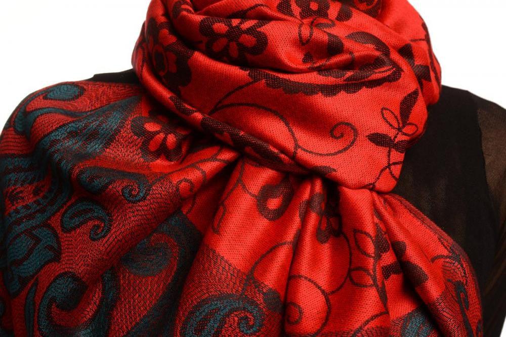 Liss Kiss Small Flowers & Paisleys On Red Pashmina With Tassels - Scarf