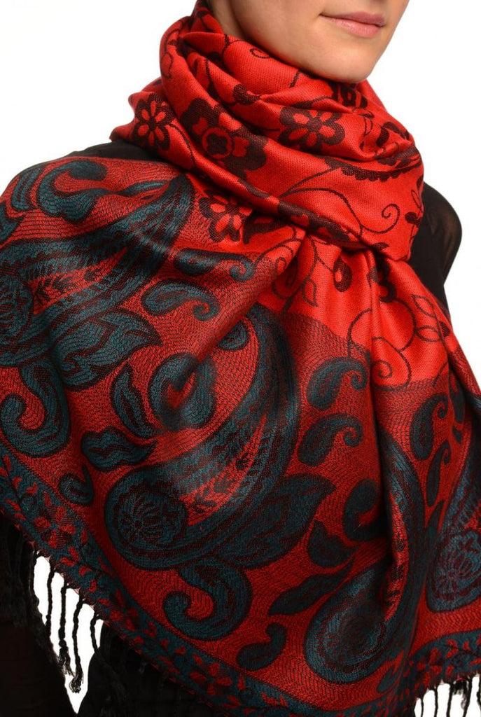 Liss Kiss Small Flowers & Paisleys On Red Pashmina With Tassels - Scarf