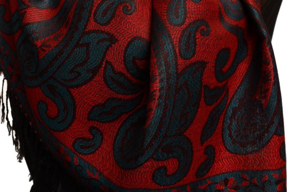 Liss Kiss Small Flowers & Paisleys On Red Pashmina With Tassels - Scarf