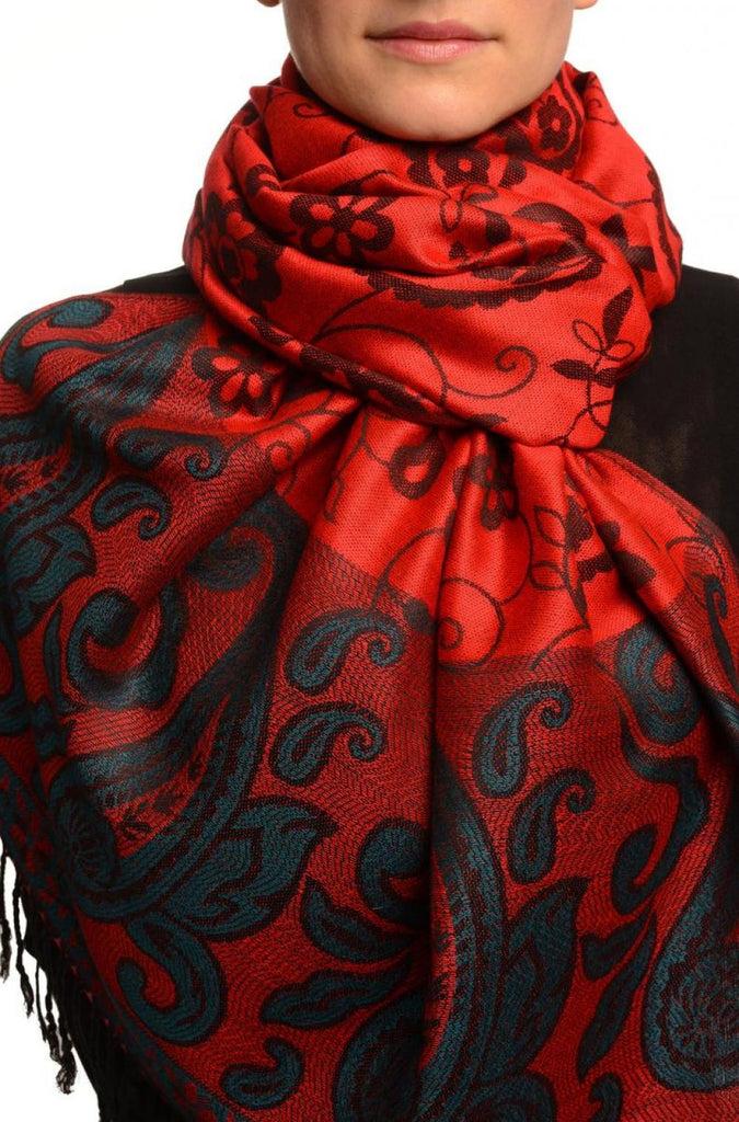 liss kiss Small Flowers & Paisleys On Red Pashmina With Tassels - Scarf