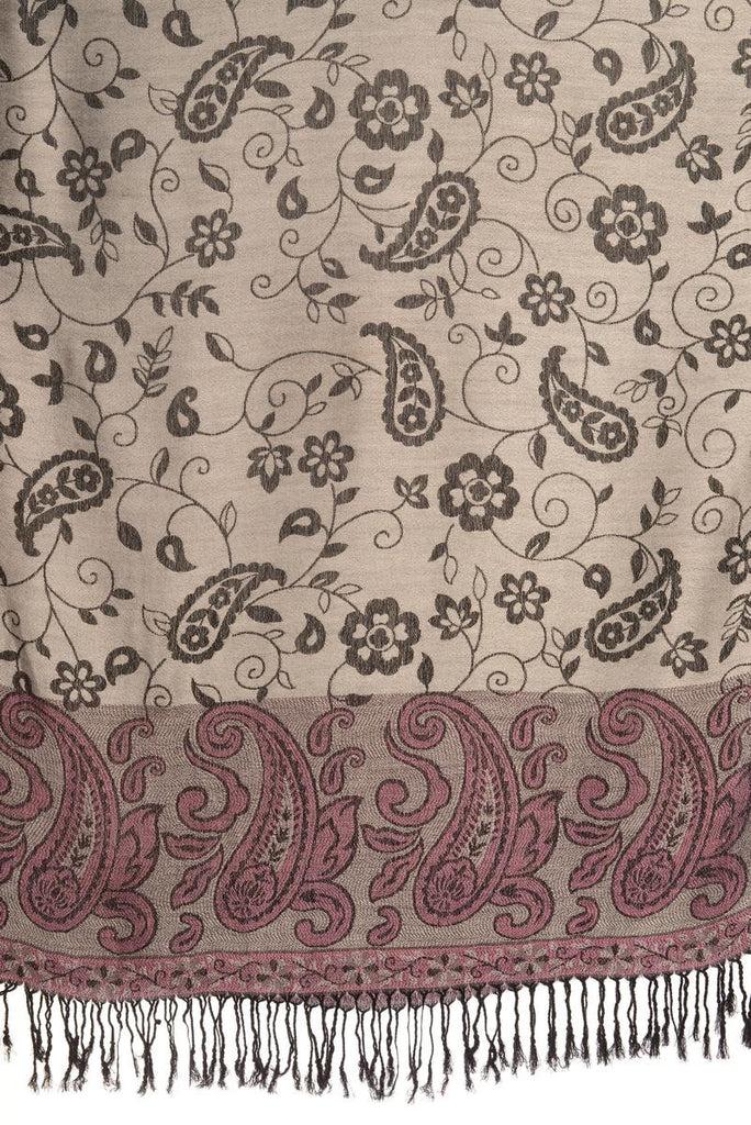 Liss Kiss Small Flowers & Paisleys On Silver Grey Pashmina With Tassels - Scarf