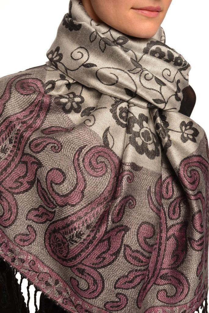 Liss Kiss Small Flowers & Paisleys On Silver Grey Pashmina With Tassels - Scarf