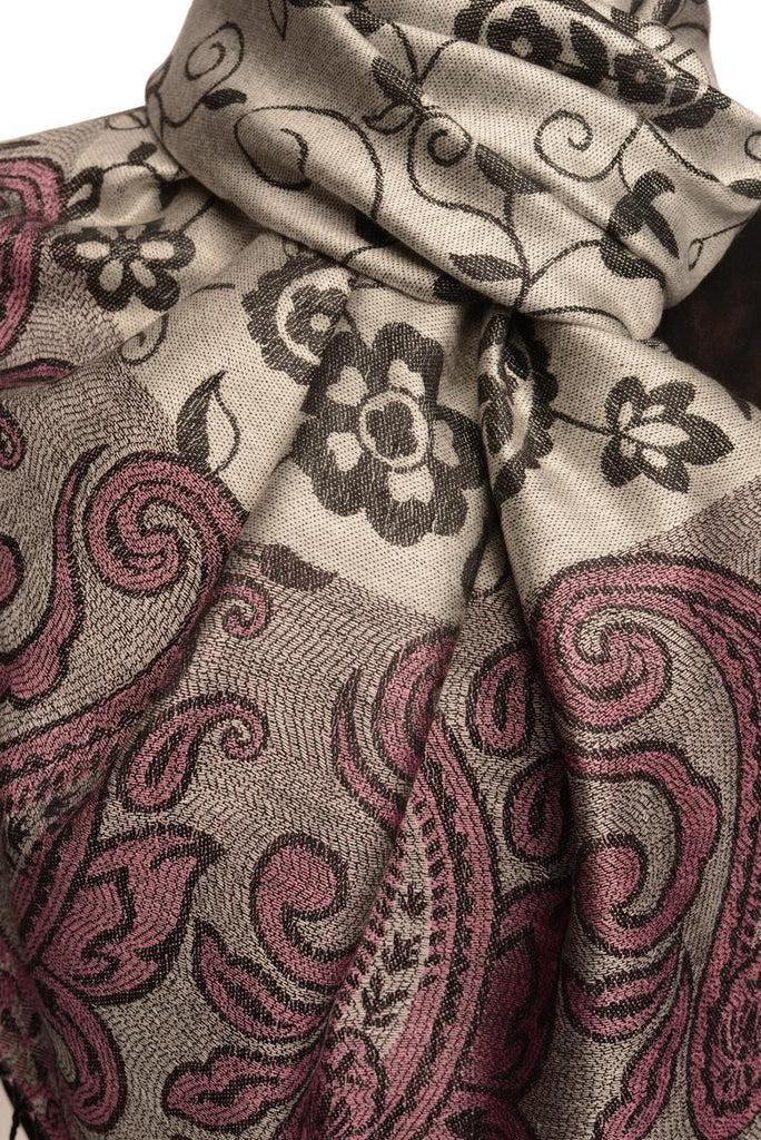 Liss Kiss Small Flowers & Paisleys On Silver Grey Pashmina With Tassels - Scarf