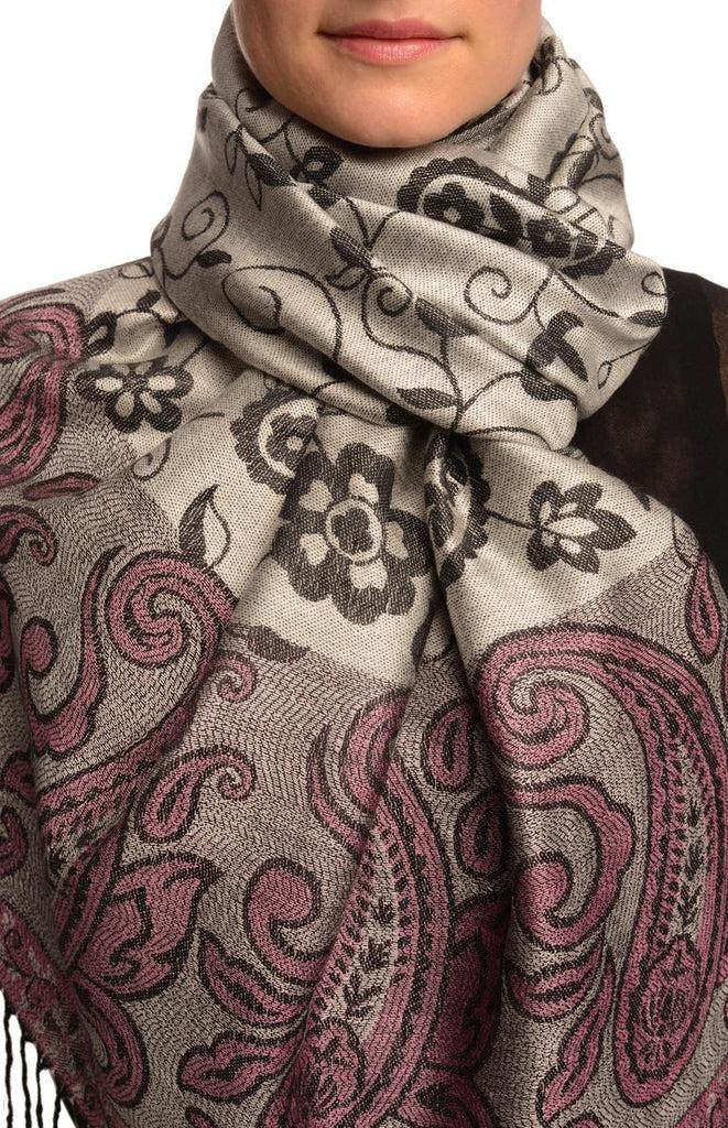 liss kiss Small Flowers & Paisleys On Silver Grey Pashmina With Tassels - Scarf