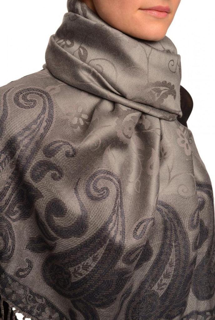 Liss Kiss Small Flowers & Paisleys On Slate Grey Pashmina With Tassels - Scarf