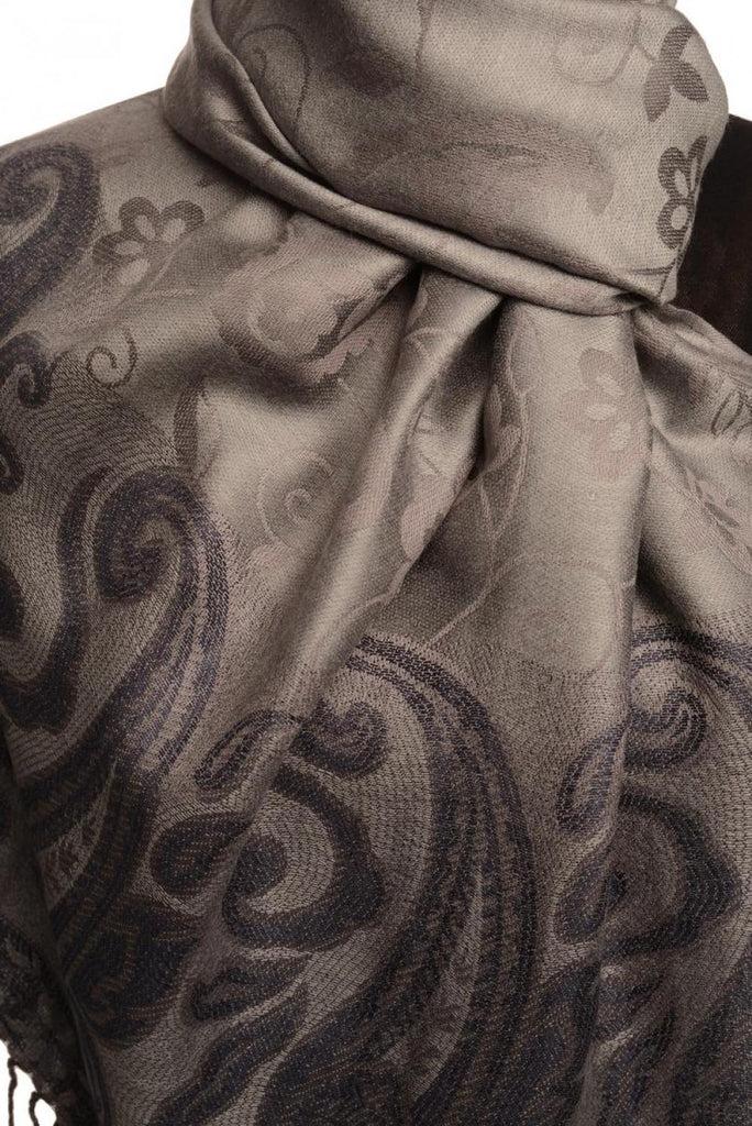Liss Kiss Small Flowers & Paisleys On Slate Grey Pashmina With Tassels - Scarf