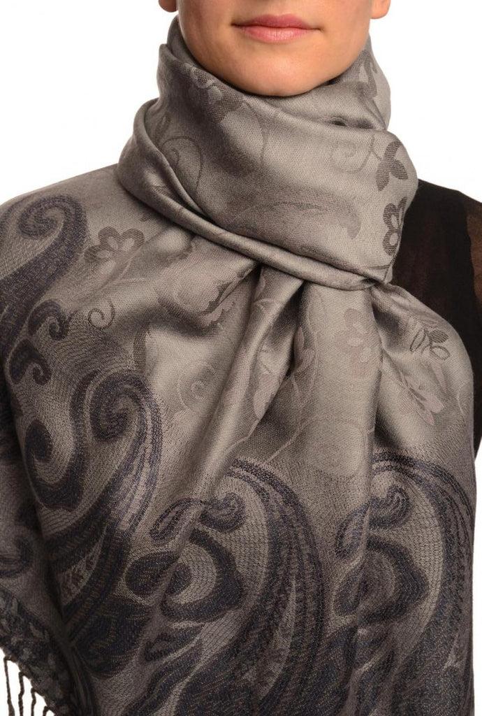 liss kiss Small Flowers & Paisleys On Slate Grey Pashmina With Tassels - Scarf