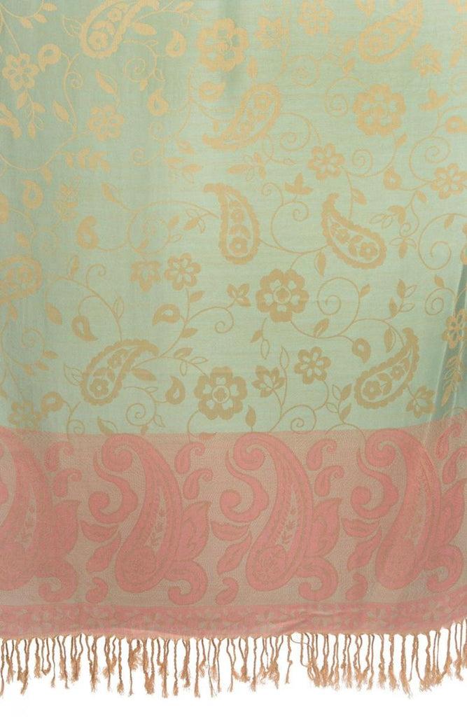 Liss Kiss Small Flowers & Paisleys On Tea Green Pashmina With Tassels - Scarf