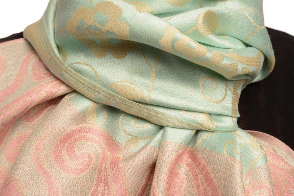 Liss Kiss Small Flowers & Paisleys On Tea Green Pashmina With Tassels - Scarf