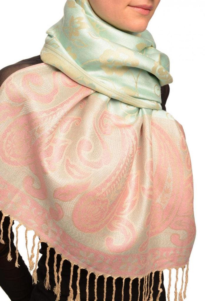 Liss Kiss Small Flowers & Paisleys On Tea Green Pashmina With Tassels - Scarf
