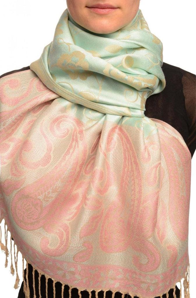 liss kiss Small Flowers & Paisleys On Tea Green Pashmina With Tassels - Scarf