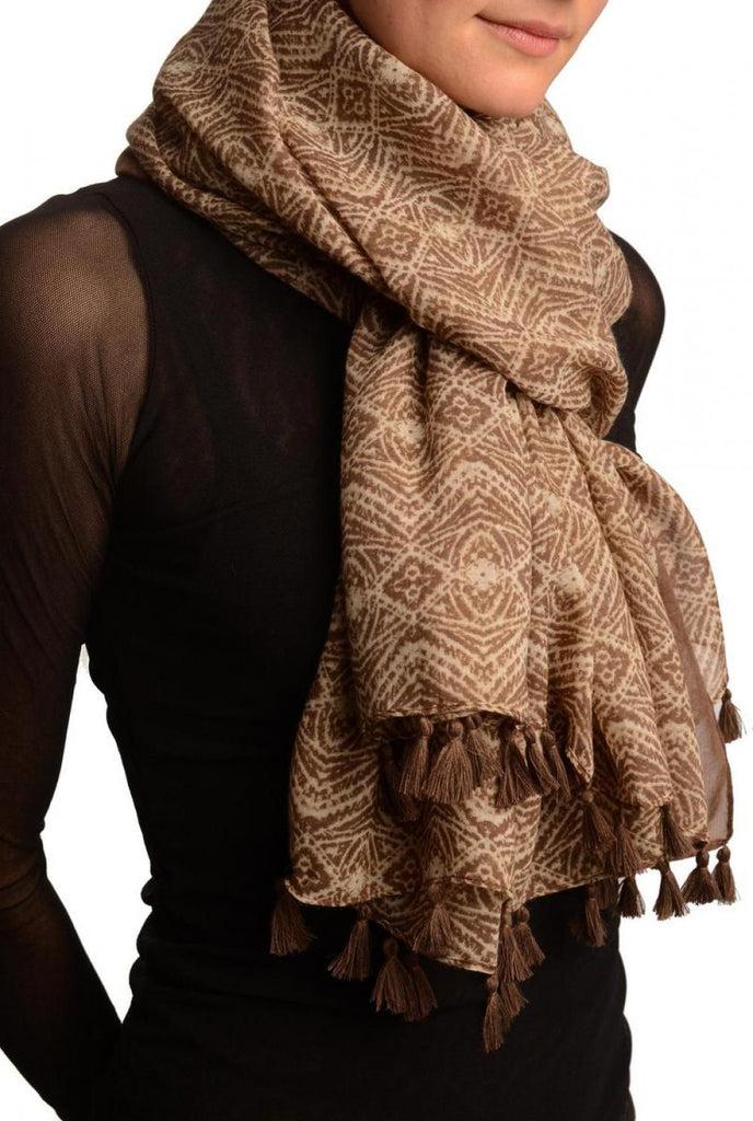 Liss Kiss Small Geometrical Print On Brown Scarf With Tassels - Scarf