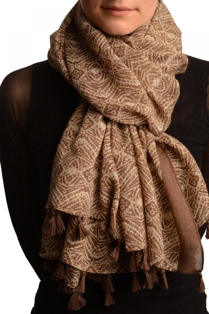 liss kiss Small Geometrical Print On Brown Scarf With Tassels - Scarf