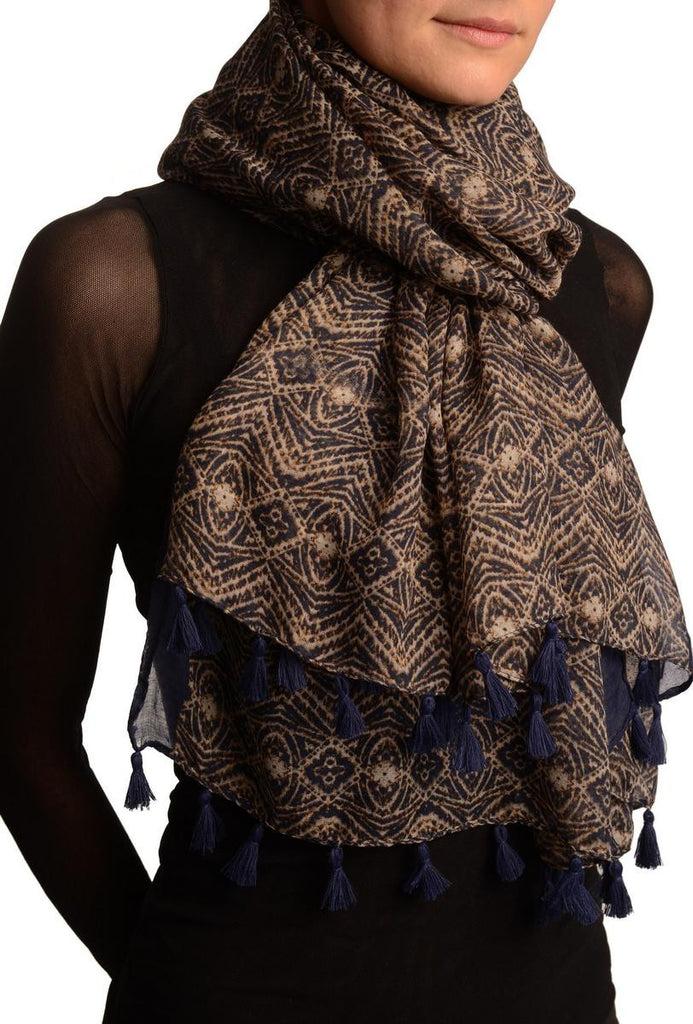 Liss Kiss Small Geometrical Print On Dark Blue Scarf With Tassels - Scarf