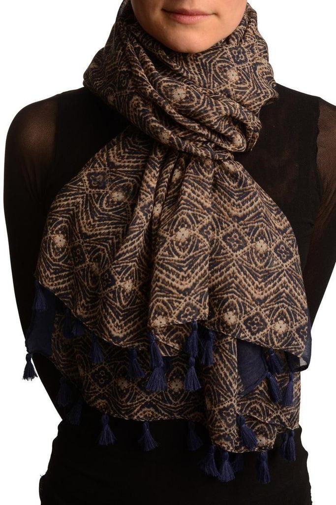 liss kiss Small Geometrical Print On Dark Blue Scarf With Tassels - Scarf