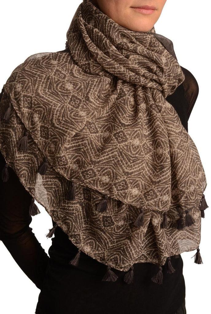 Liss Kiss Small Geometrical Print On Grey Scarf With Tassels - Scarf