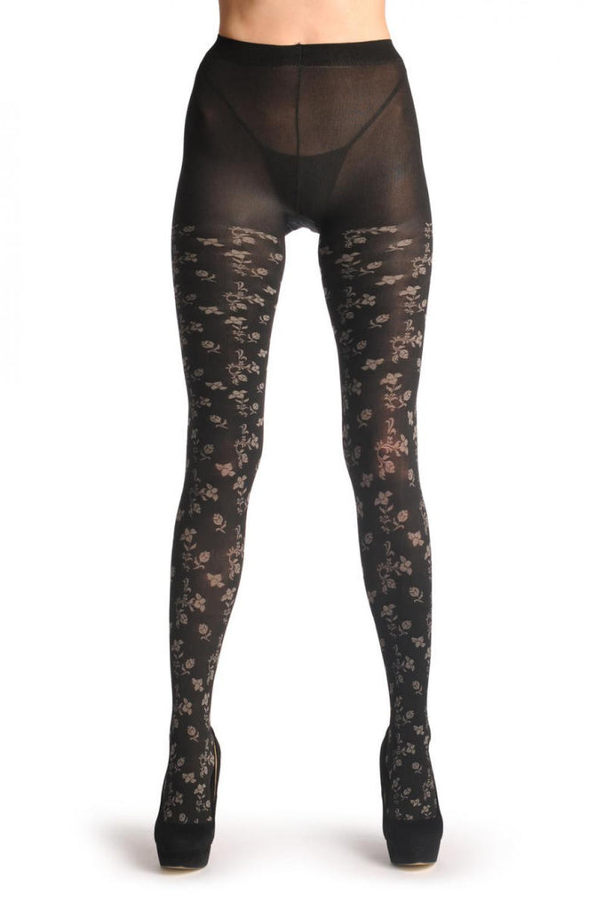 Liss Kiss Small Grey Woven Roses On Black 60 Den - Tights