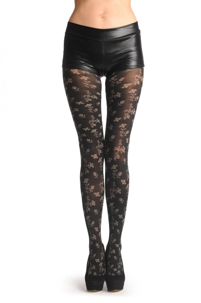 liss kiss Small Grey Woven Roses On Black 60 Den - Tights