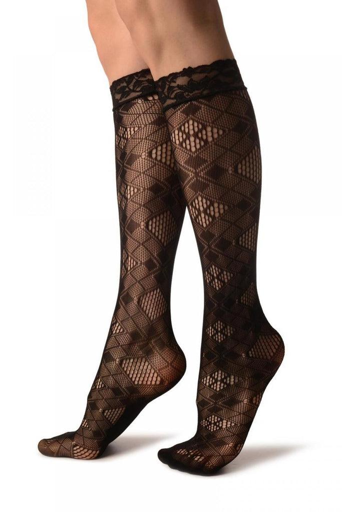 Liss Kiss Small & Large Mesh Rombs Black Lace Knee High Socks - Socks
