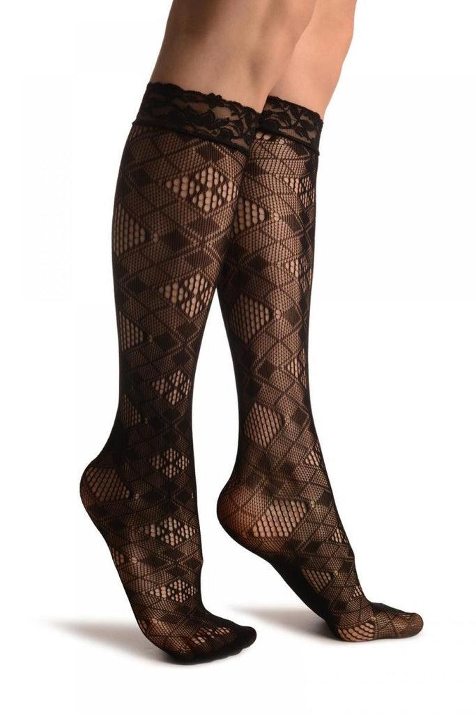 Liss Kiss Small & Large Mesh Rombs Black Lace Knee High Socks - Socks